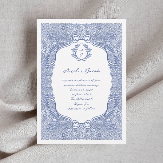 手描きの花の蝶結びのウェディング 招待状