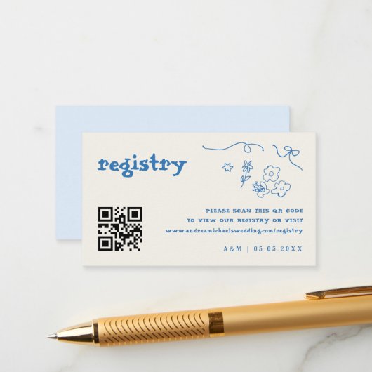手描きの花のQRコード ウェディングギフトレジストリー エンクロージャーカード (正面/裏面インサイチュ)