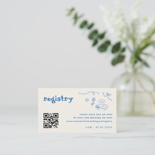 手描きの花のQRコード ウェディングギフトレジストリー エンクロージャーカード (スタンド正面)