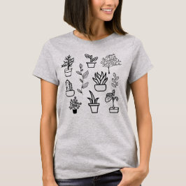 手描きの花は白と黒の植物を鳩 Tシャツ