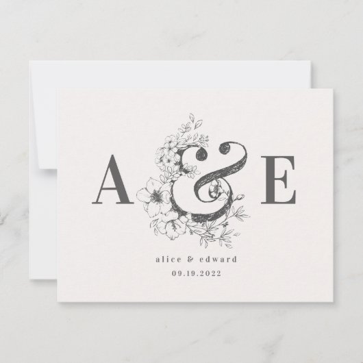 手描きの花をあしらったエレガントな結婚式の招待状 案内状 (正面)