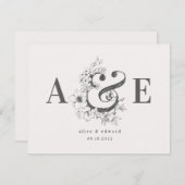 手描きの花をあしらったエレガントな結婚式の招待状 案内状 (正面/裏面)