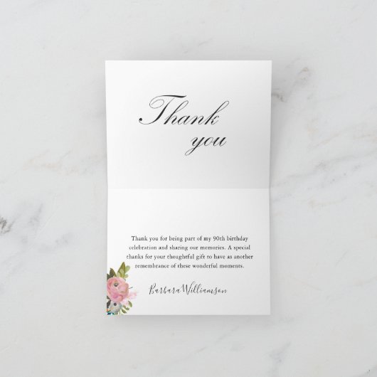 手描きの花をあしらった90歳の誕生日パーティー サンキューカード (内部)