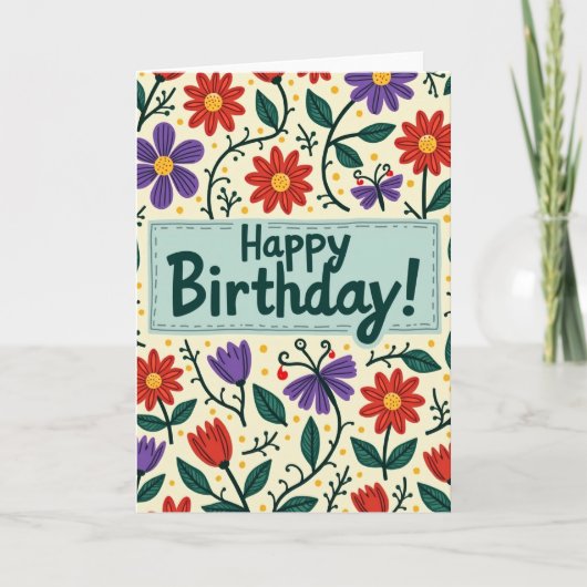 手描きの花咲く誕生日カード カード (正面)
