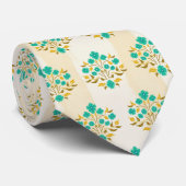 手描きの花柄ターコイズ アストル模様 ネクタイ (ロール)