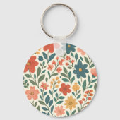 手描きの花柄パターン - カラフルな植物学 キーホルダー (正面)