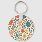 手描きの花柄パターン - カラフルな植物学 キーホルダー (裏面)