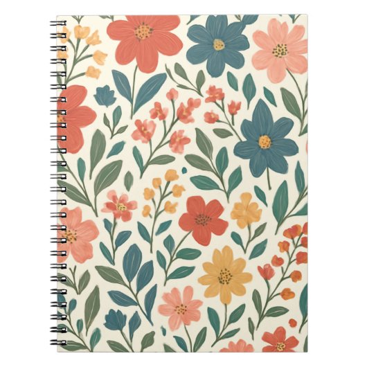 手描きの花柄パターン - カラフルな植物 ノートブック (正面)