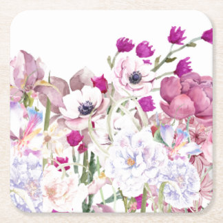 手描きの花柄プリント スクエアペーパーコースター