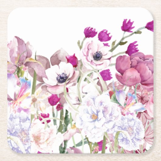 手描きの花柄プリント スクエアペーパーコースター (正面)