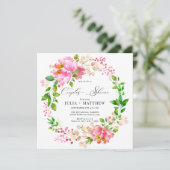 手描きの花飾り | ピンクの花輪 カップルシャワー 招待状 (スタンド正面)
