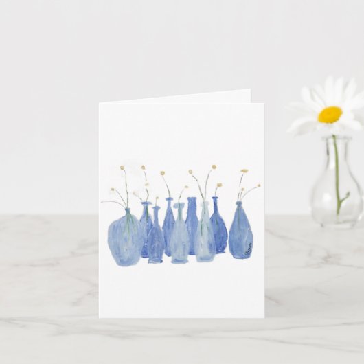 手描きの花 コバルトブルーの瓶 カード (小さな植物)