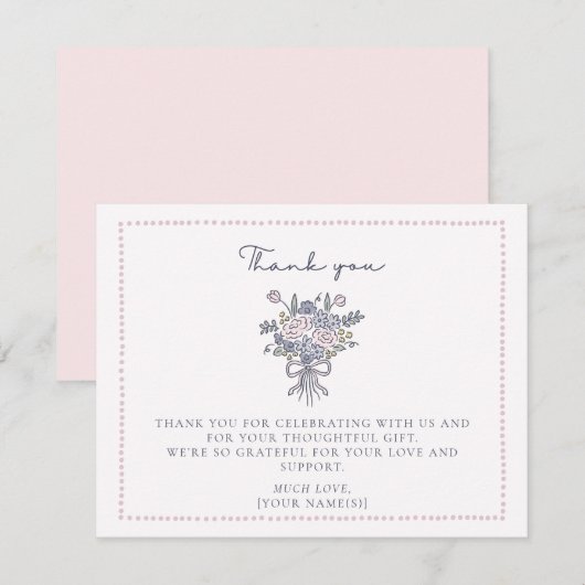 手描きの花、ドットフレームの感謝カード 招待状 (正面/裏面)