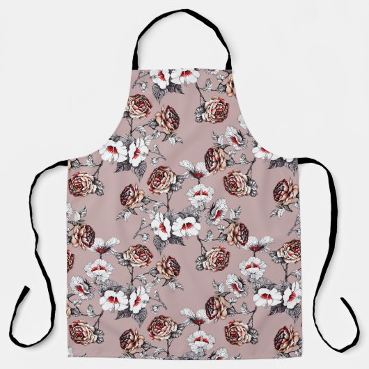 手描きの花、ピンクの水色のパターン。 エプロン (正面)