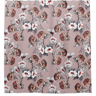 手描きの花、ピンクの水色のパターン。 シャワーカーテン