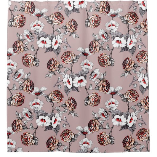 手描きの花、ピンクの水色のパターン。 シャワーカーテン (正面)