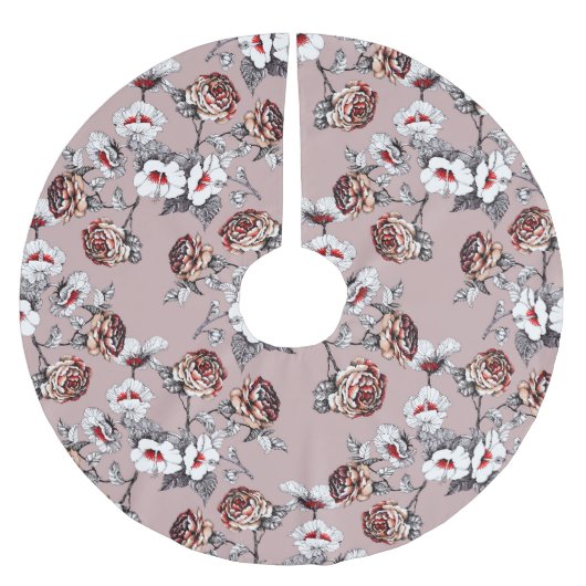 手描きの花、ピンクの水色のパターン。 ブラッシュドポリエステルツリースカート (正面)