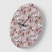手描きの花、ピンクの水色のパターン。 ラージ壁時計 (傾斜)