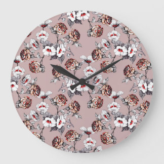 手描きの花、ピンクの水色のパターン。 ラージ壁時計