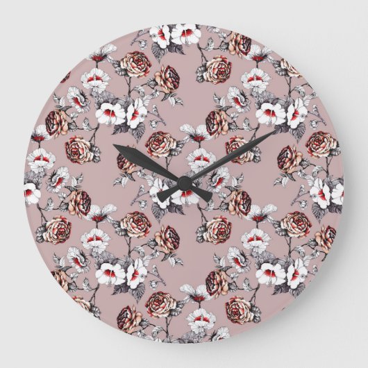 手描きの花、ピンクの水色のパターン。 ラージ壁時計 (正面)