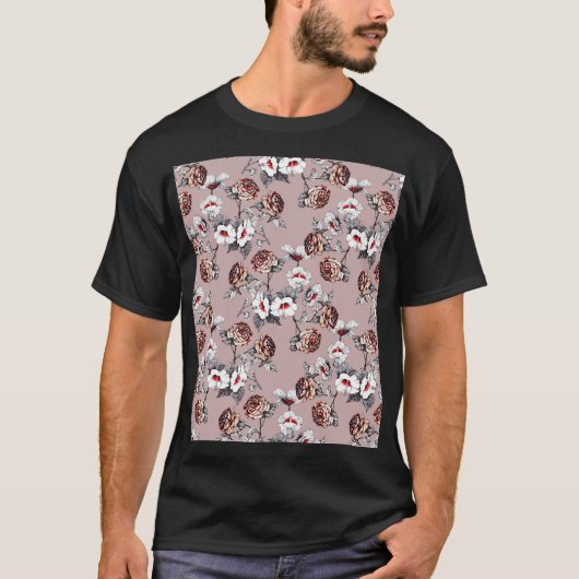 手描きの花、ピンクの水色のパターン。 Tシャツ (正面)