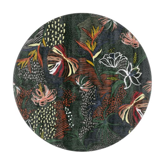 手描きの花、熱帯のヤシの森。 カッティングボード (正面)