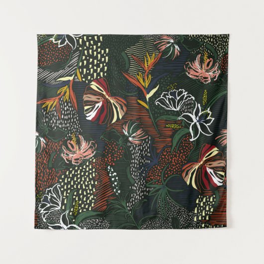 手描きの花、熱帯のヤシの森。 タペストリー (正面)