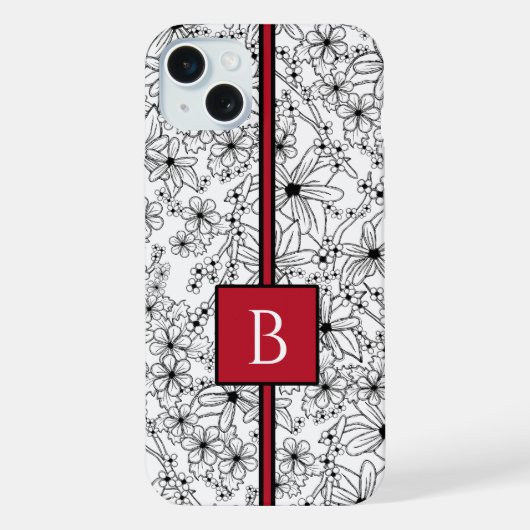手描きの花 白黒 パターンとモノグラム iPhoneケース (裏面)
