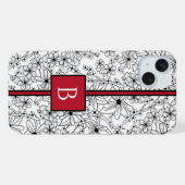 手描きの花 白黒 パターンとモノグラム iPhoneケース (裏面横)