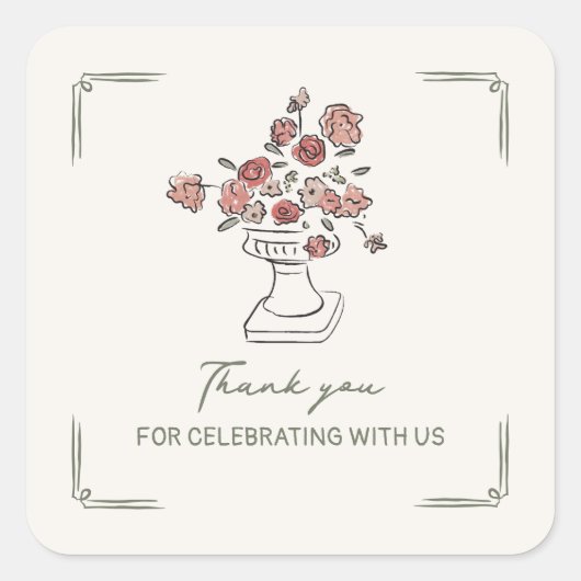 手描きの落ち着いた赤とサジーの花模様の壺 ブライダルシャワー スクエアシール (正面)