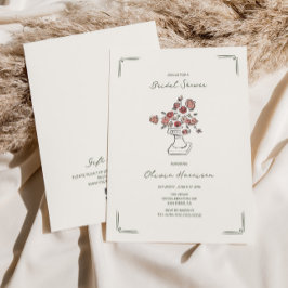 手描きの落ち着いた赤みがかった賢い花模様の花瓶 ブライダルシャワー 招待状
