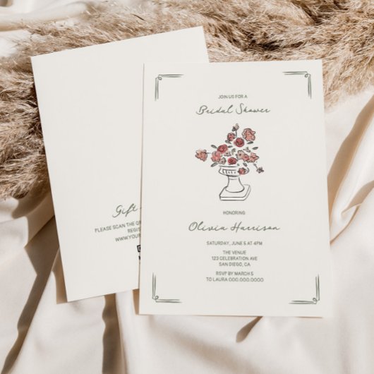 手描きの落ち着いた赤みがかった賢い花模様の花瓶 ブライダルシャワー 招待状