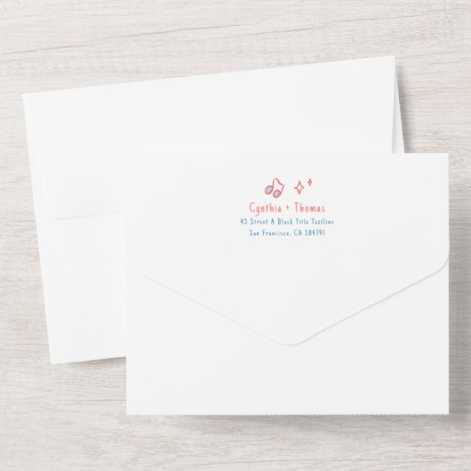 手描きの落書きがユニークでモダンな結婚式の招待状 オールインワン招待状 (裏面)