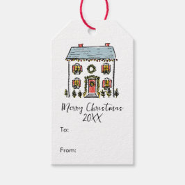 手描きの落書きが楽しいお祭り的な家 メリークリスマス ギフトタグ