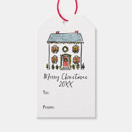 手描きの落書きが楽しいお祭り的な家 メリークリスマス ギフトタグ (正面)