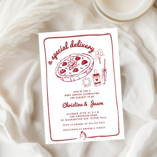 手描きの落書きとコーヒーカップのベイビーシャワー 招待状