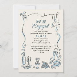 手描きの落書きのような、遊び心あふれるエンゲージメントパーティーの写真 招待状