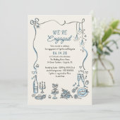 手描きの落書きのような、遊び心あふれるエンゲージメントパーティーの写真 招待状 (スタンド正面)