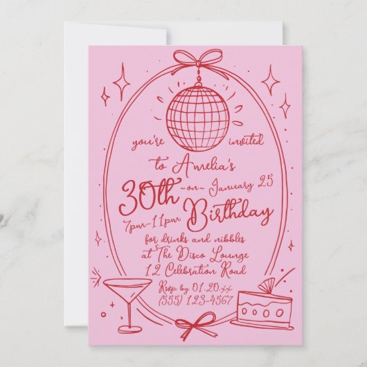 手描きの落書きカクテル 30th 誕生日 いつでも歓迎 招待状 (正面)