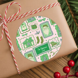 手描きの落書きグリーンとピンクのクリスマス ラウンドシール