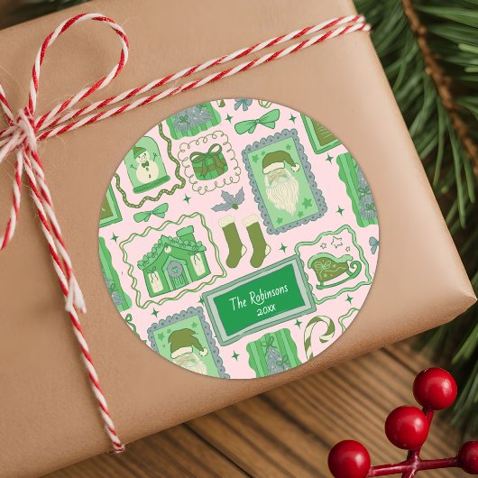 手描きの落書きグリーンとピンクのクリスマス ラウンドシール