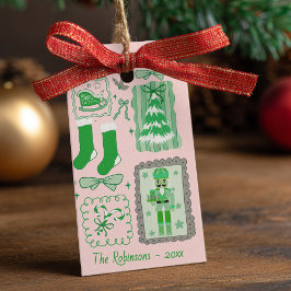 手描きの落書きグリーン ピンク クリスマス ギフトタグ