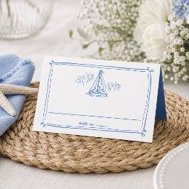 手描きの落書きボートビーチの航海結婚式 プレイスカード