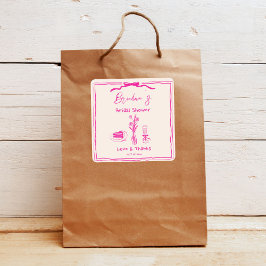 手描きの落書きレトロピンクリボン ブライダルシャワー スクエアシール