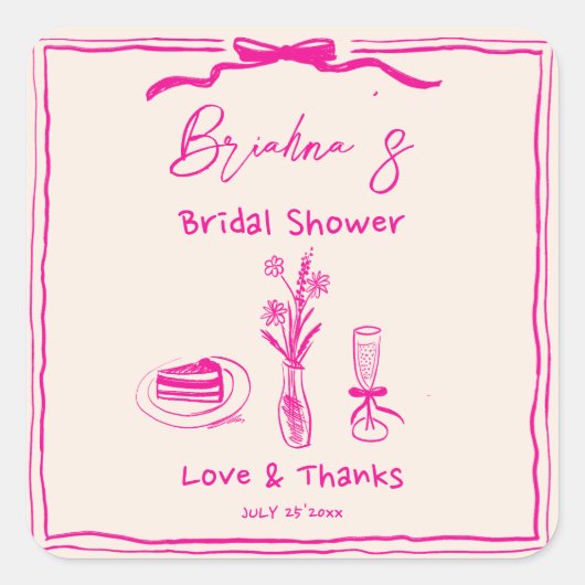 手描きの落書きレトロピンクリボン ブライダルシャワー スクエアシール (正面)