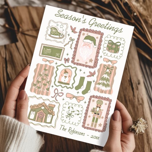 手描きの落書き風グリーンピーチのクリスマスグリーティング カード