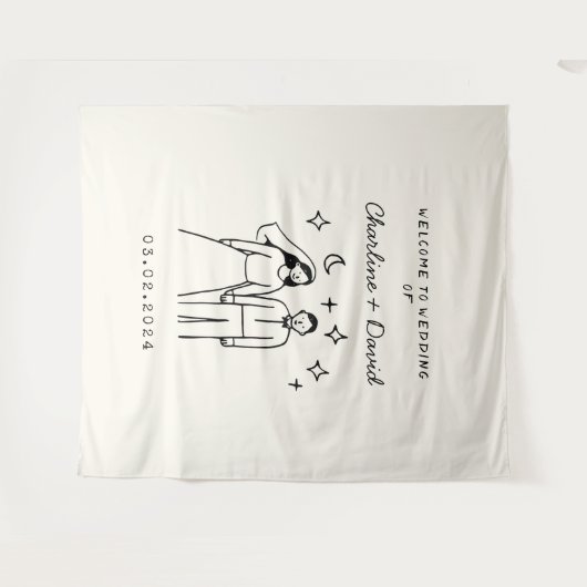 手描きの落書き ウェディング ウェルカム タペストリー (正面(横))