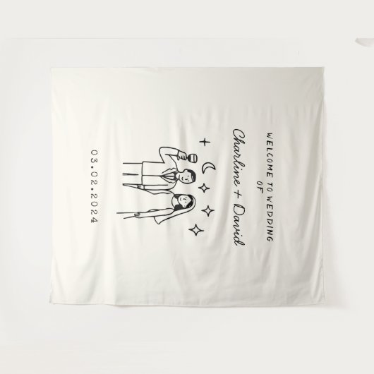 手描きの落書き ウェディング ウェルカム タペストリー (正面(横))