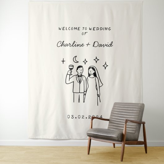手描きの落書き ウェディング ウェルカム タペストリー (インサイチュ)