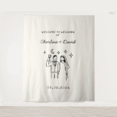 手描きの落書き ウェディング ウェルカム タペストリー (正面)
